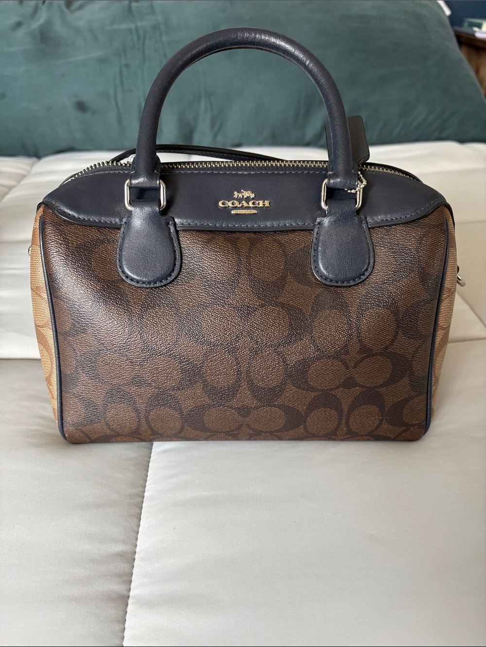 Coach Brown Signature Satchel with navy blue trim